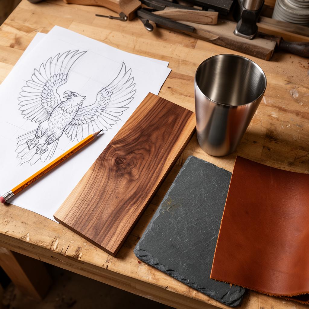 Eagle sketch, walnut block, stainless tumbler blank, slate tile, and vegetable-tan leather laid out on a workbench for material selection