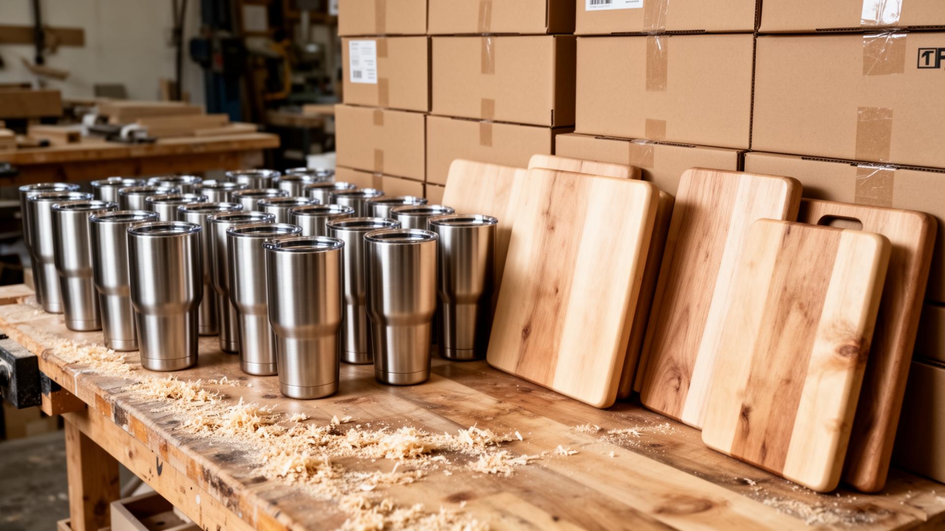 Wholesale run on the LazyLazed workbench — rows of bare stainless tumblers and natural hardwood cutting boards staged next to kraft shipping boxes